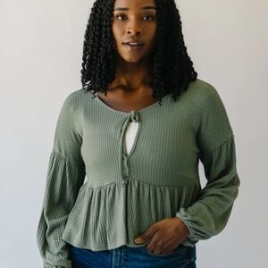 Lush Long Sleeve Waffle Knit Babydoll Top in Sage Green, Small,Flowy Coz…